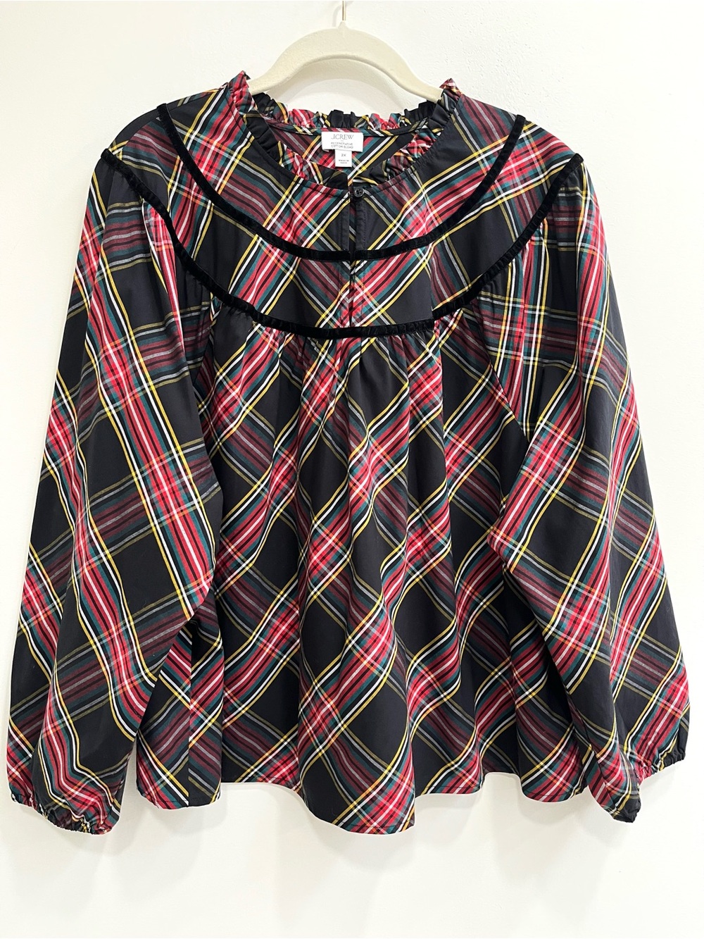 J.Crew Factory Tartan poplin top Festive Holiday Red Black Long Sleeve Size 2X